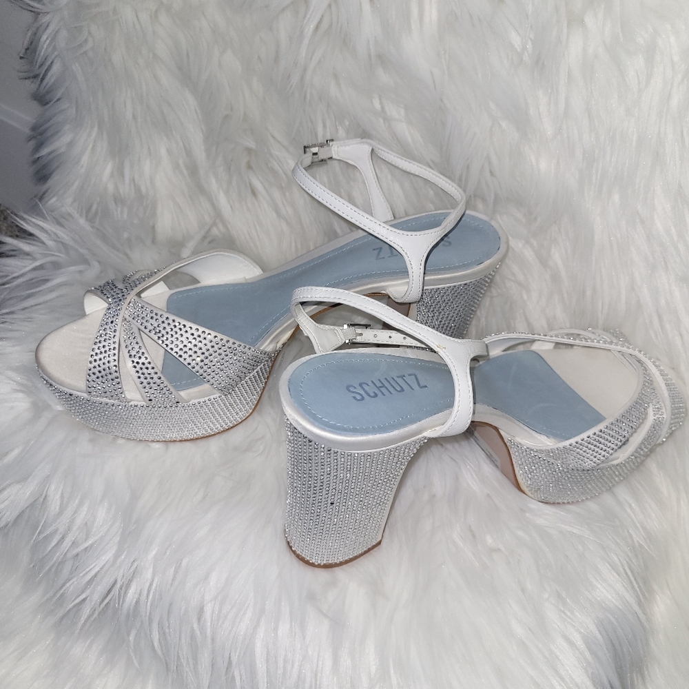 SCHUTZ Silver Platform Sandals with Rhinestone Embellishments